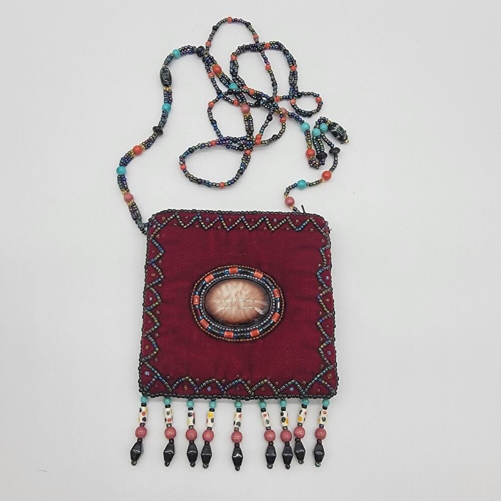 Red 100% Silk Bag Velvet Beaded Trim Small Evening Fancy‎ Beaded Colorful Boho
